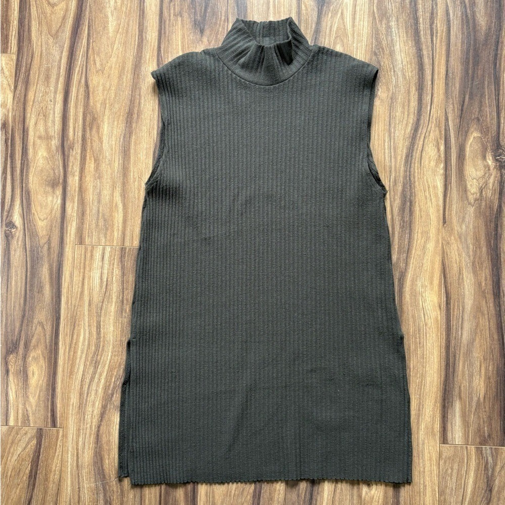 Zara Ribbed Mock Neck Sleeveless Tunic Tank Top Olive Green
